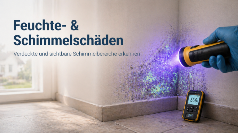 Feuchte- und Schimmelschäden in Gebäuden Feuchte- und Schimmelbefall an einer Innenwand, sichtbar gemacht durch UV-Licht und dokumentiert mit einem Messgerät