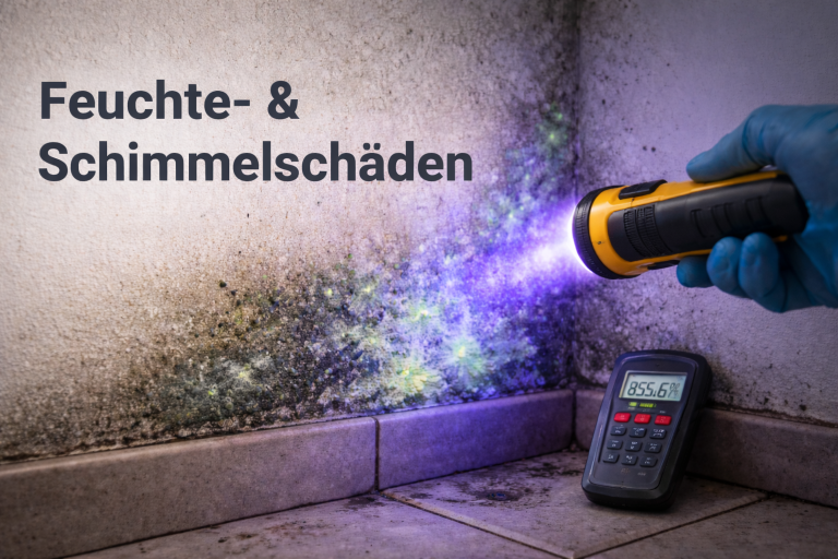 Feuchte- und Schimmelbefall an einer Innenwand, sichtbar gemacht durch UV-Licht und dokumentiert mit einem Messgerät