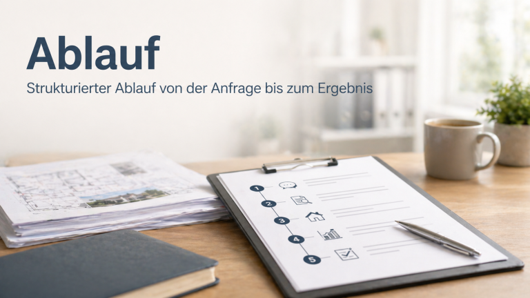 Ablauf – strukturierter Weg von der Anfrage zum Ortstermin Unterlagen und Arbeitsmaterialien auf einem Schreibtisch zur Darstellung eines strukturierten Ablaufs von der Anfrage bis zum Ortstermin