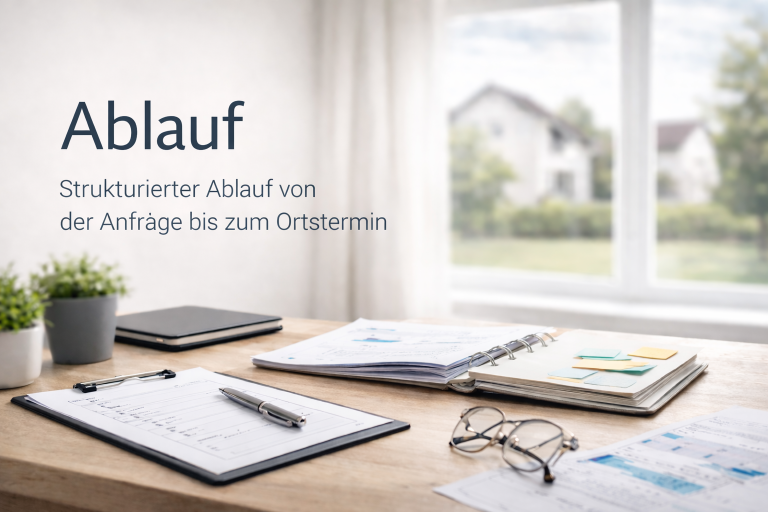 Ablauf – strukturierter Weg von der Anfrage zum Ortstermin Unterlagen und Arbeitsmaterialien auf einem Schreibtisch zur Darstellung eines strukturierten Ablaufs von der Anfrage bis zum Ortstermin